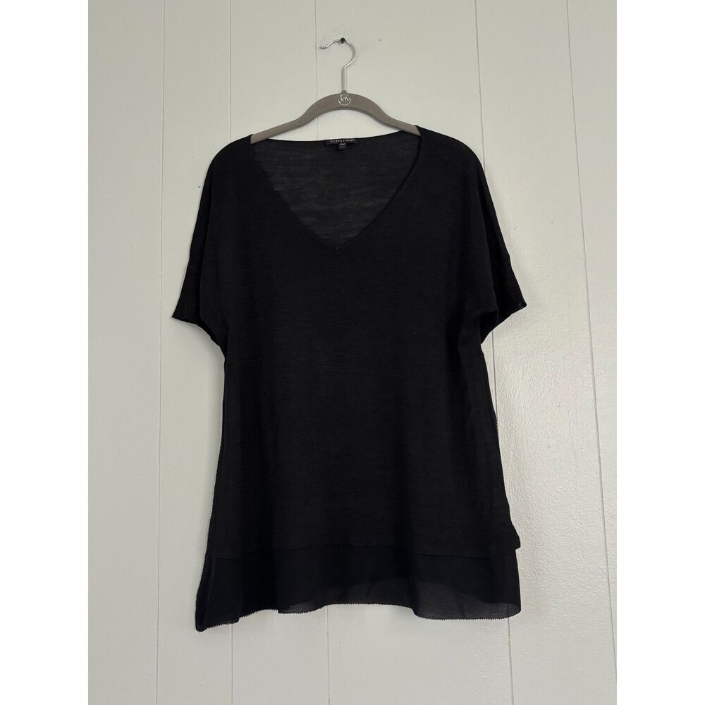 Eileen Fisher Black 100% Silk Short Sleeve Tunic S Top V Neck Side Slit